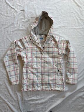 Columbia Switchback III Rain Jacket White Plaid with Red & Blue Lines Women’s XS